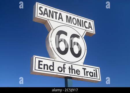 Route 66 End of Trail Sign in Santa Monica, Los Angeles, United States. Stock Photo