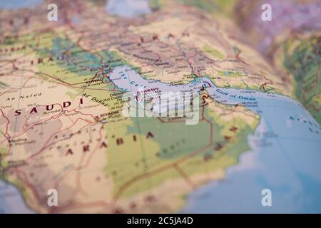 Shallow focus showing the Straight of Hormuz sensitive waterway located in the Persian gulf. Stock Photo