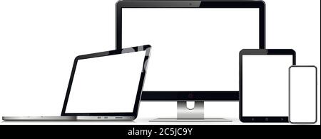 Devices mockup. Set of computer monitor, laptop, mobile phone and tablet pc isolated on white background. Stock Vector