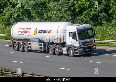 Wincanton AVANTI GAS road tankers; Bulk Haulage delivery trucks, haulage, tanker lorry, transportation, truck, cargo, MAN mid-lift vehicle, delivery, transport, industry, supply chain freight, on the M6 at Lancaster, UK Stock Photo