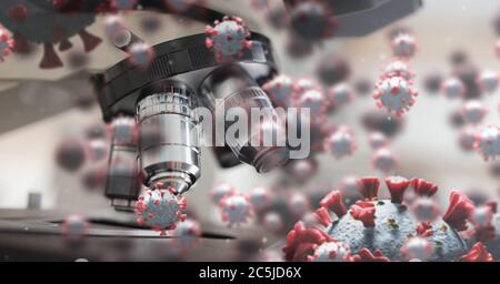Covid-19 cells against microscope in background Stock Photo