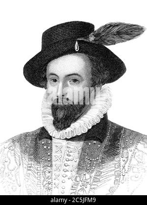 An engraved vintage illustration portrait image of Sir Walter Raleigh from a Victorian book dated 1847 that is no longer in copyright Stock Photo