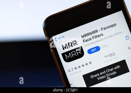 Moscow, Russia - 1 June 2020: MRRMRR Faceapp Face Filters mobile app logo on phone screen, close-up icon, Illustrative Editorial Stock Photo