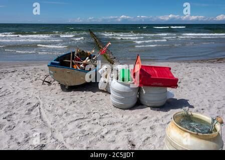 Hiddensee, Germany. 05th June, 2020. A small fishing boat lies on the beach of Hiddensee. Credit: Stephan Schulz/dpa-Zentralbild/ZB/dpa/Alamy Live News Stock Photo