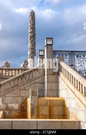 Oslo, Ostlandet / Norway - 2019/08/30: Panoramic view of The Monolith sculpture, Monolitten, in Vigeland Park open air art exhibition - Vigelandsparke Stock Photo