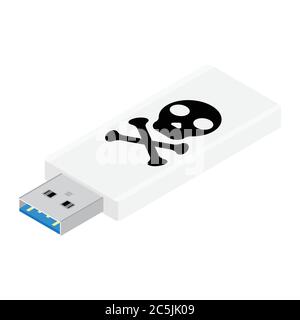Computer infection concept. Computer virus on usb flash card. Danger malware infection concept. Isometric view Stock Vector