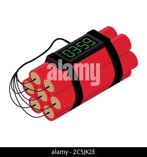 Realistic Detailed Isometric Red Detonate Dynamite Bomb Stick and Timer Clock Isolated on White Background. Vector illustration Stock Vector