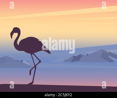 Sunset or sunrise in ocean wiht flamingo tropical bird, nature landscape background, pink clouds in sky to shining sun above sea with mountains. Eveni Stock Vector