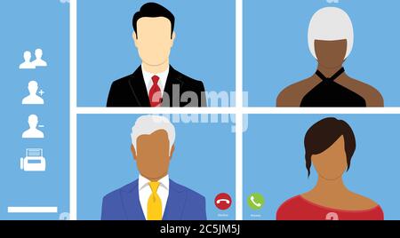 Talking to colleagues about plan in video conference. Multiethnic business team online meeting in video call. Group of people smart working from home Stock Vector