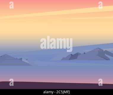 Sunset or sunrise in ocean, nature landscape background, pink clouds in sky to shining sun above sea with mountains. Evening or morning view. Cartoon Stock Vector