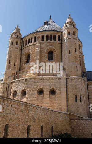 Israel, Jerusalem, Mount Zion, The Dormition Abbey was built by Benedictine monks on the site of an earlier Byzantine church called Hagia Sion, constructed in the early 5th Century A.D. and destroyed in 612 A.D. by invaders. The site is the traditional location of the death or long sleep - the dormition - of the Virgin Mary. The circular church itself is called the Church of the Assumption. Stock Photo