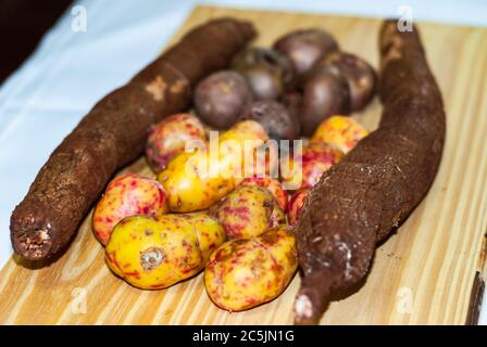 Raw yucca on the wooden table, Manihot esculenta. (Cassava raw tuber) with regional potatoes from the Andes at a market in Peru, Bolivia, Argentina, s Stock Photo