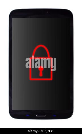 Mobile phone with a red locked padlock symbol on an isolated white background with a clipping path Stock Photo