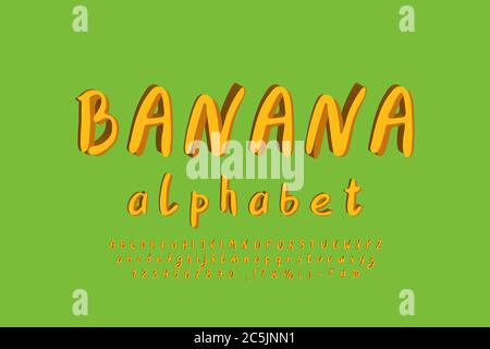 Modern alphabet banana yellow color. Lettering typeface, paint brush fonts, uppercase and lowercase letters, numbers. Vector illustration. Stock Vector