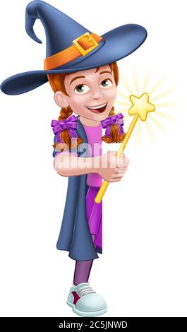 Kid Cartoon Girl Child Halloween Witch Sign Stock Vector