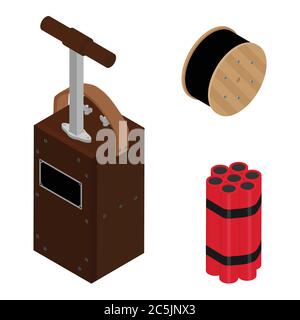 Blasting Machine or detonator box, dynamite sticks and black wire electric cable reel isolated on white background isometric view vector set. Caution Stock Vector