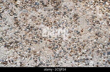 Texture wall coating of stones. House wall exterior plaster. Abstract background paving consisting of small pebbles embedded in cement Stock Photo