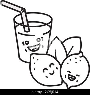 Kawaii cute lemons and lemonade vector line icon. If life gives you lemons make lemonade saying outline illustration. Stock Vector