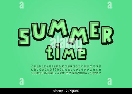 Green summer alphabet cartoon square shape fonts. Uppercase and lowercase letters, numbers, punctuation marks. Vector illustration. Stock Vector