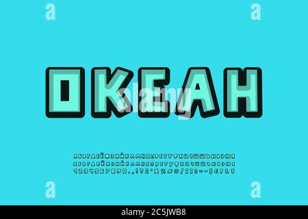 Retro style Cyrillic alphabet aquamarine color. Russian text: Ocean. Cartoon square shape font, uppercase and lowercase letters, numbers, symbols. Vec Stock Vector