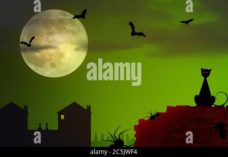 Black cats silhouette with green eyes isolated on white background. Spooky  halloween pet icon, aggressive kitty dark profile Stock Photo - Alamy