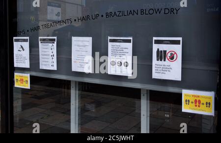 Sidcup, Kent, UK. 03rd July, 2020. Signage outside a Beauty Salon in Sidcup High Street as they prepare to reopen after covid 19 lockdown rules are relaxed by the government. Sidcup, Kent on 3 July 2020. Photo by Alan Stanford. Credit: PRiME Media Images/Alamy Live News Stock Photo