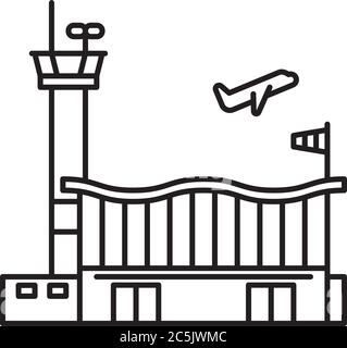 Airplane line vector icon of air plane straight flight route with start ...