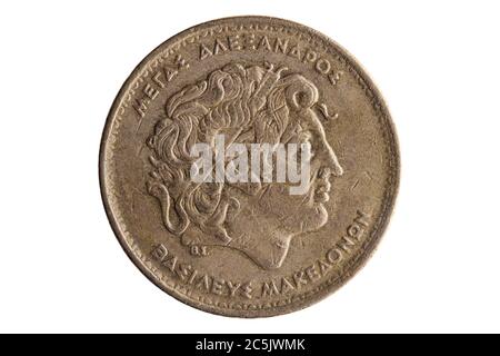 Greek 100 drachmas coin dated 1992 with a portrait image of Alexander the Great cut out and isolated on a white background Stock Photo