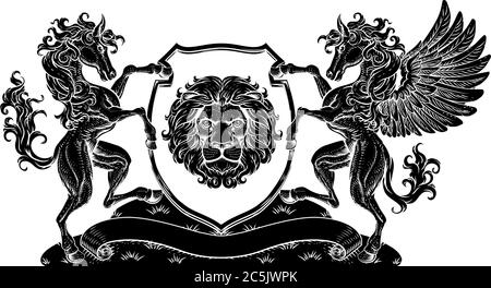 Crest Pegasus Horse Coat of Arms Lion Shield Seal Stock Vector