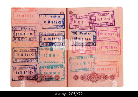 Russian passport stamped on border crossing Stock Photo