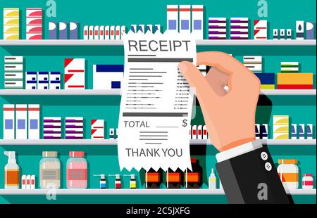 Medicine collection on shelves, hand with receipt. Set of bottles, tablets, pills, capsules and sprays. Medical drug, vitamin, antibiotic. Healthcare and pharmacy. Flat vector illustration Stock Vector