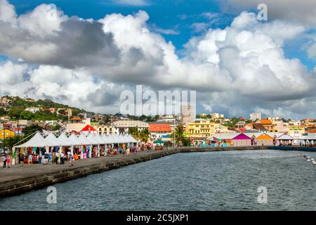 martinique,colourful buildings by the port in Martinique,Fort-de-France, View of the Town from the Harbor,martinique street Stock Photo