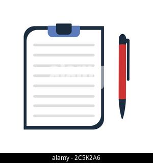 Clipboard with blank paper and pen on white background in trendy flat style isolated. Stock Vector