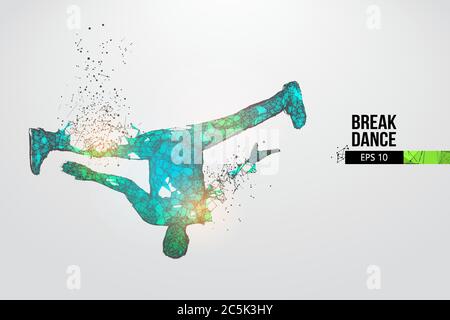 Abstract silhouette of a wireframe breake dancer. Teenager dance hip-hop. Man BBoy from particles on the white background. Convenient organization of Stock Vector