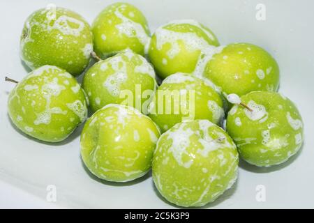 Washing fruit. Soapy green apples in the sink.  Stock Photo