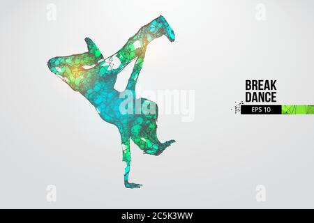 Abstract silhouette of a wireframe breake dancer. Teenager dance hip-hop. Woman BGirl from particles on the white background. Convenient organization Stock Vector