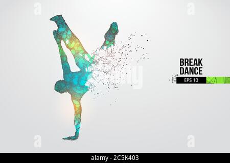 Abstract silhouette of a wireframe breake dancer. Teenager dance hip-hop. Man BBoy from particles on the white background. Convenient organization of Stock Vector