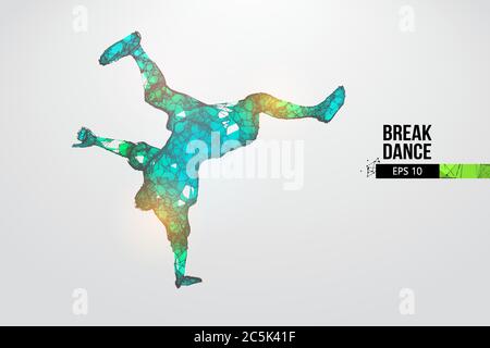 Abstract silhouette of a wireframe breake dancer. Teenager dance hip-hop. Man BBoy from particles on the white background. Convenient organization of Stock Vector