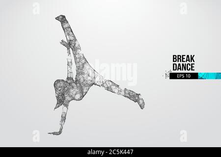 Abstract silhouette of a wireframe breake dancer. Teenager dance hip-hop. Woman BGirl from particles on the white background. Convenient organization Stock Vector