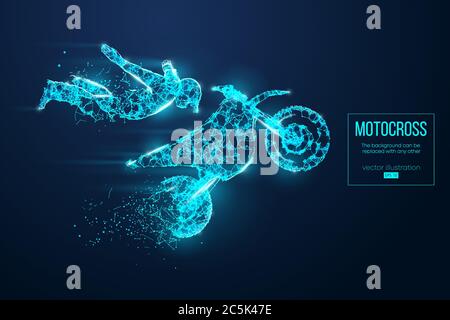 Abstract silhouette of a wireframe motocross rider from particles on the blue background. Convenient organization of eps file. Vector illustartion. Th Stock Vector