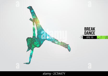 Abstract silhouette of a wireframe breake dancer. Teenager dance hip-hop. Woman BGirl from particles on the white background. Convenient organization Stock Vector