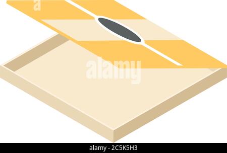 Isometric pizza cardboard box. Opened, view. Flat style vector illustration isolated on white background. Stock Vector