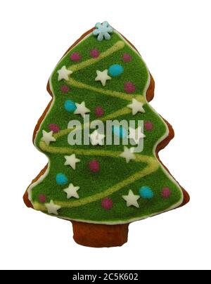 Homemade cookie in a shape of a christmas tree isolated on white with clipping path. Stock Photo