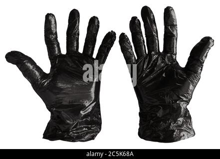 Disposable black plastic gloves isolated on white. Clipping path included. Stock Photo