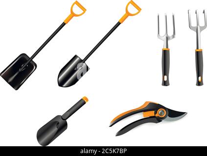 Garden tool vector illustration. Gardening equipment: rake, shovel, scissors, lawnmower collection set. Isolated on white background. Stock Vector
