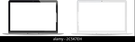 Black and white version Laptop pc set with white lcd screen isolated on background. Portable notebook computer realistic vector illustration. Modern d Stock Vector