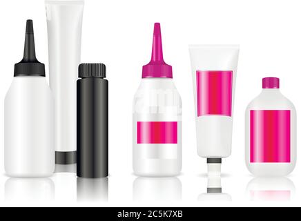 Hair coloring bottles set. Vector mockup template. Hair dressing, styling professional beauty tools. Stock Vector