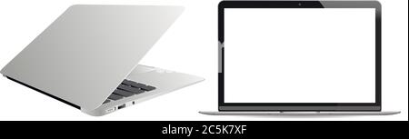 Realistic laptop computer, isolated on white background. Isometric and 90 degree front side view. Notebook with empty screen. Blank copy space on mode Stock Vector