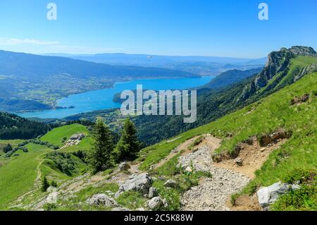 Looking down on Lake Annecy in the French Alps on a Summer's day. Stock Photo