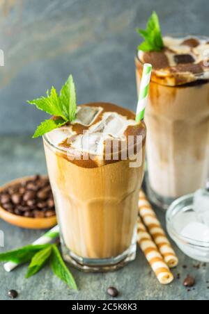 Iced latte coffee in a tall glass Stock Photo